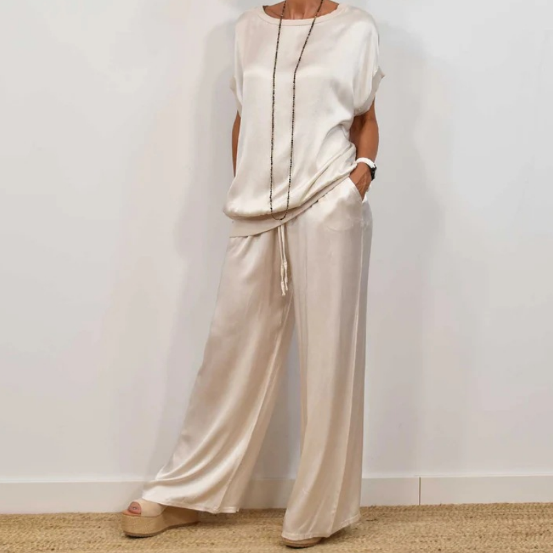 Elegant Satin Two-Piece Top and Wide-Leg Pants Set for Effortless Chic