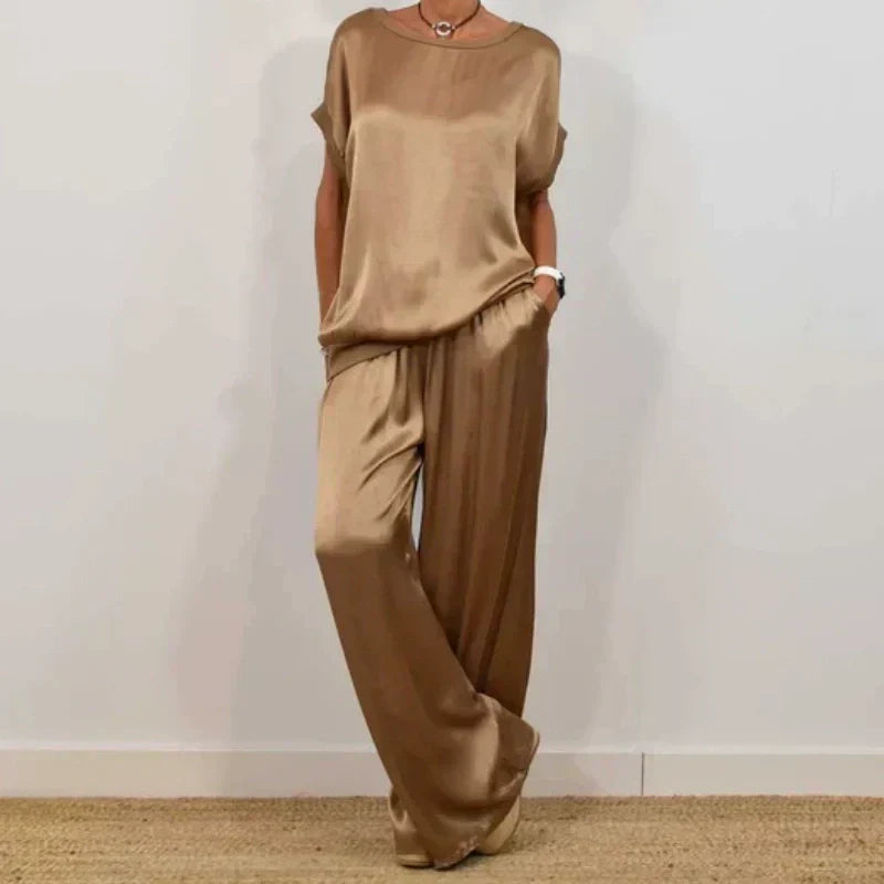 Elegant Satin Two-Piece Top and Wide-Leg Pants Set for Effortless Chic