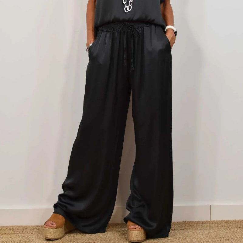 Elegant Satin Two-Piece Top and Wide-Leg Pants Set for Effortless Chic