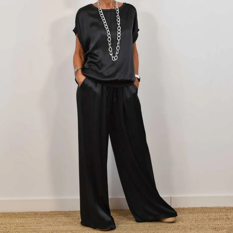 Elegant Satin Two-Piece Top and Wide-Leg Pants Set for Effortless Chic