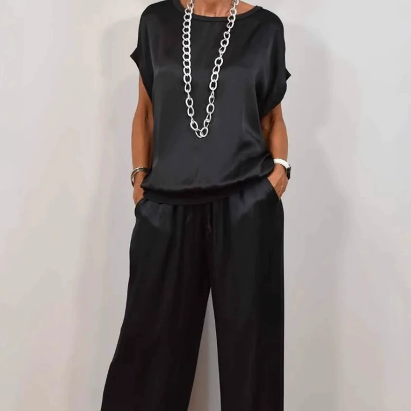 Elegant Satin Two-Piece Top and Wide-Leg Pants Set for Effortless Chic