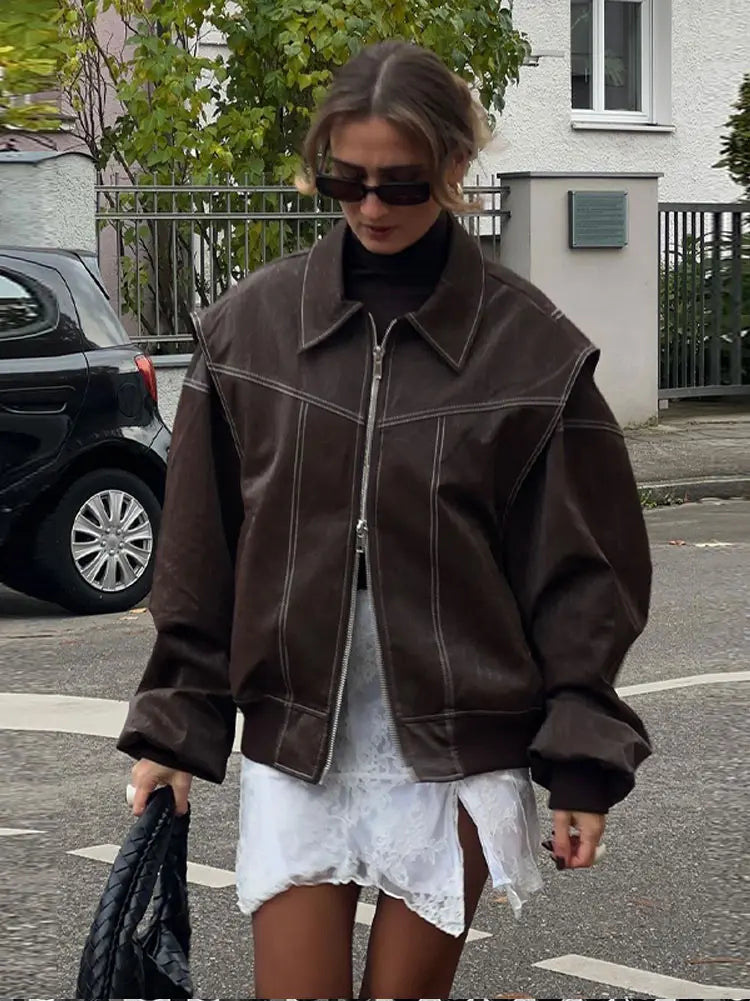 Oversized Faux Leather Bomber Jacket for Women