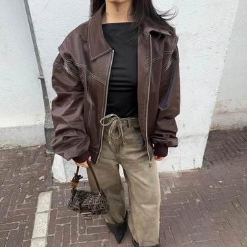 Oversized Faux Leather Bomber Jacket for Women