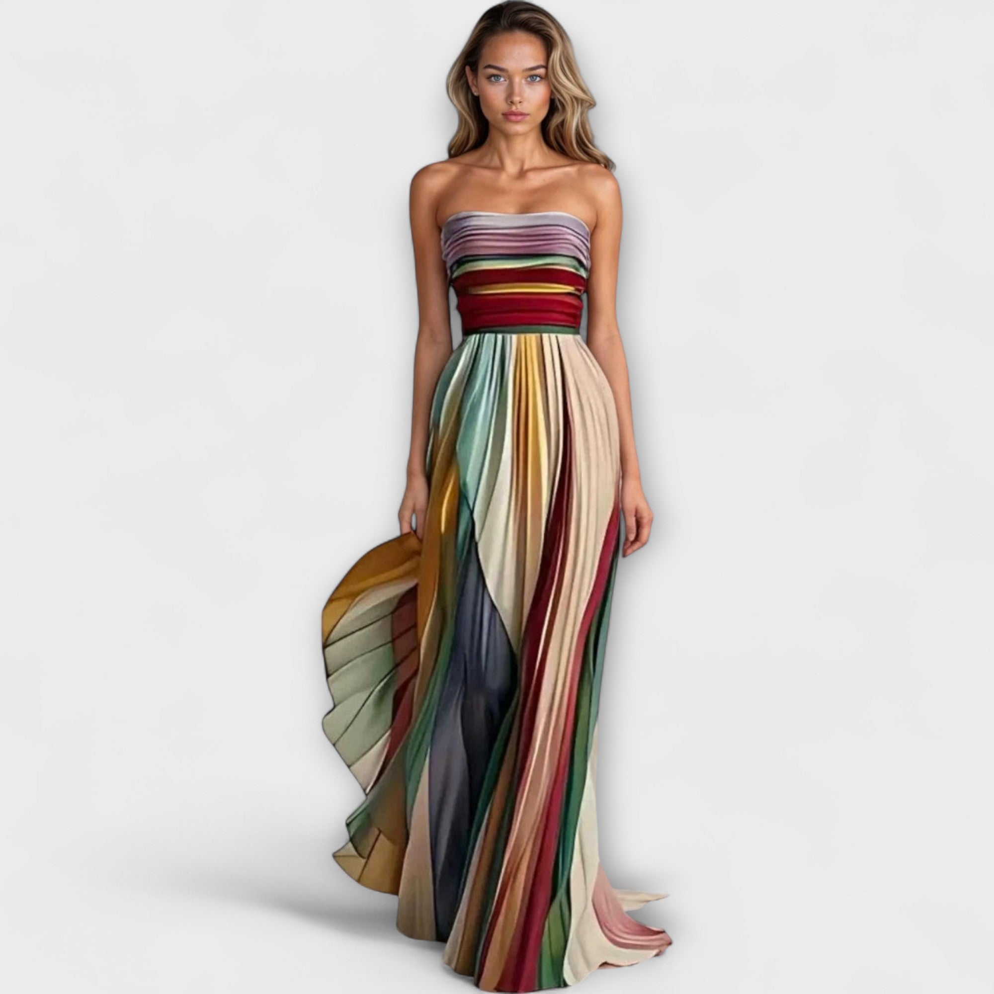 Strapless Multicolor Pleated Maxi Dress