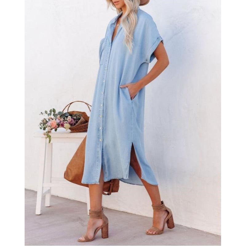 Short Sleeve Button Front Denim Midi Dress for Everyday Comfort