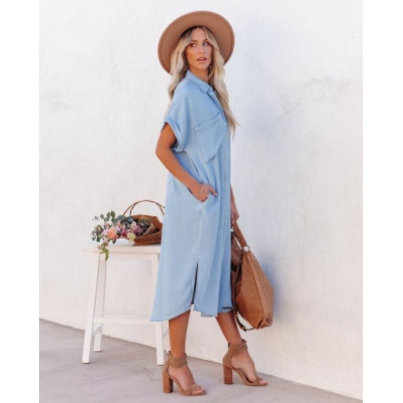 Short Sleeve Button Front Denim Midi Dress for Everyday Comfort