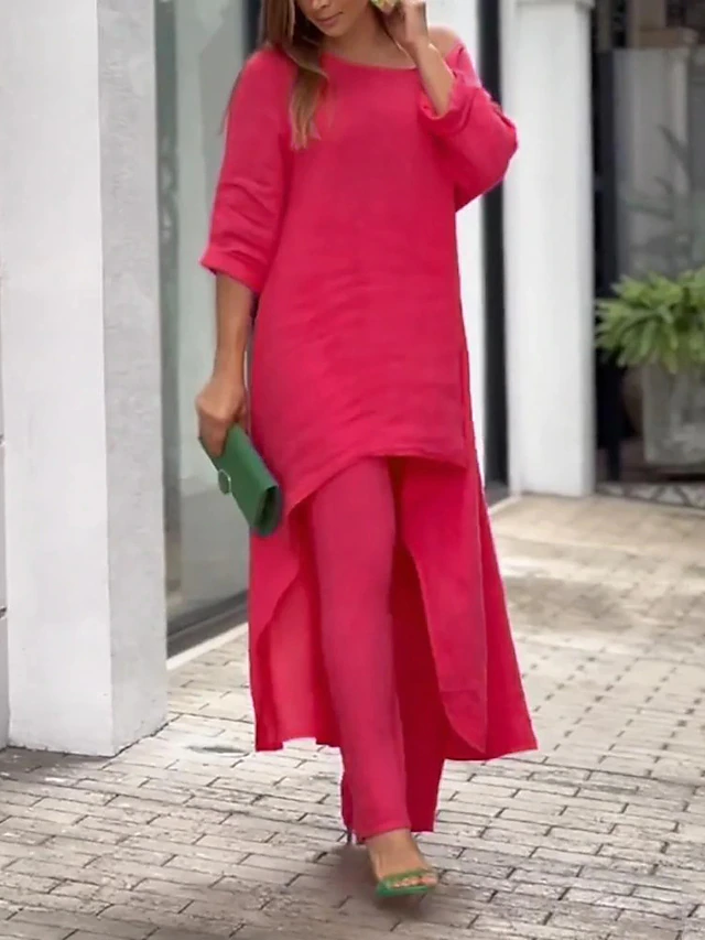 Elegant Asymmetrical Two-Piece Tunic and Wide-Leg Pants Set