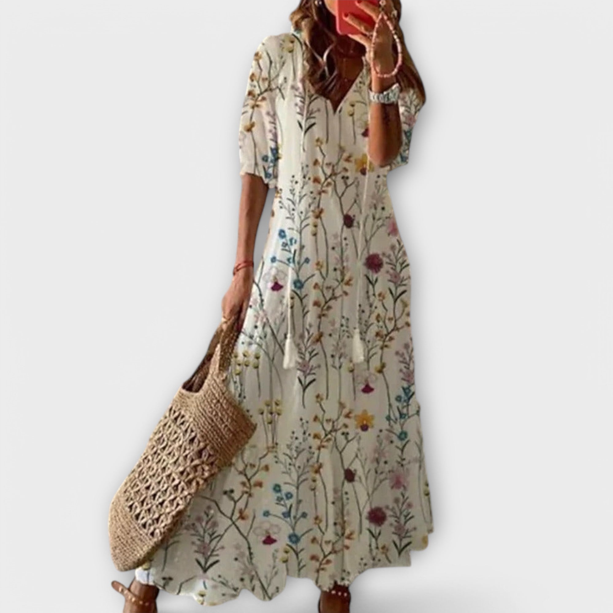 Boho Print Short Sleeve Flowy Midi Dress