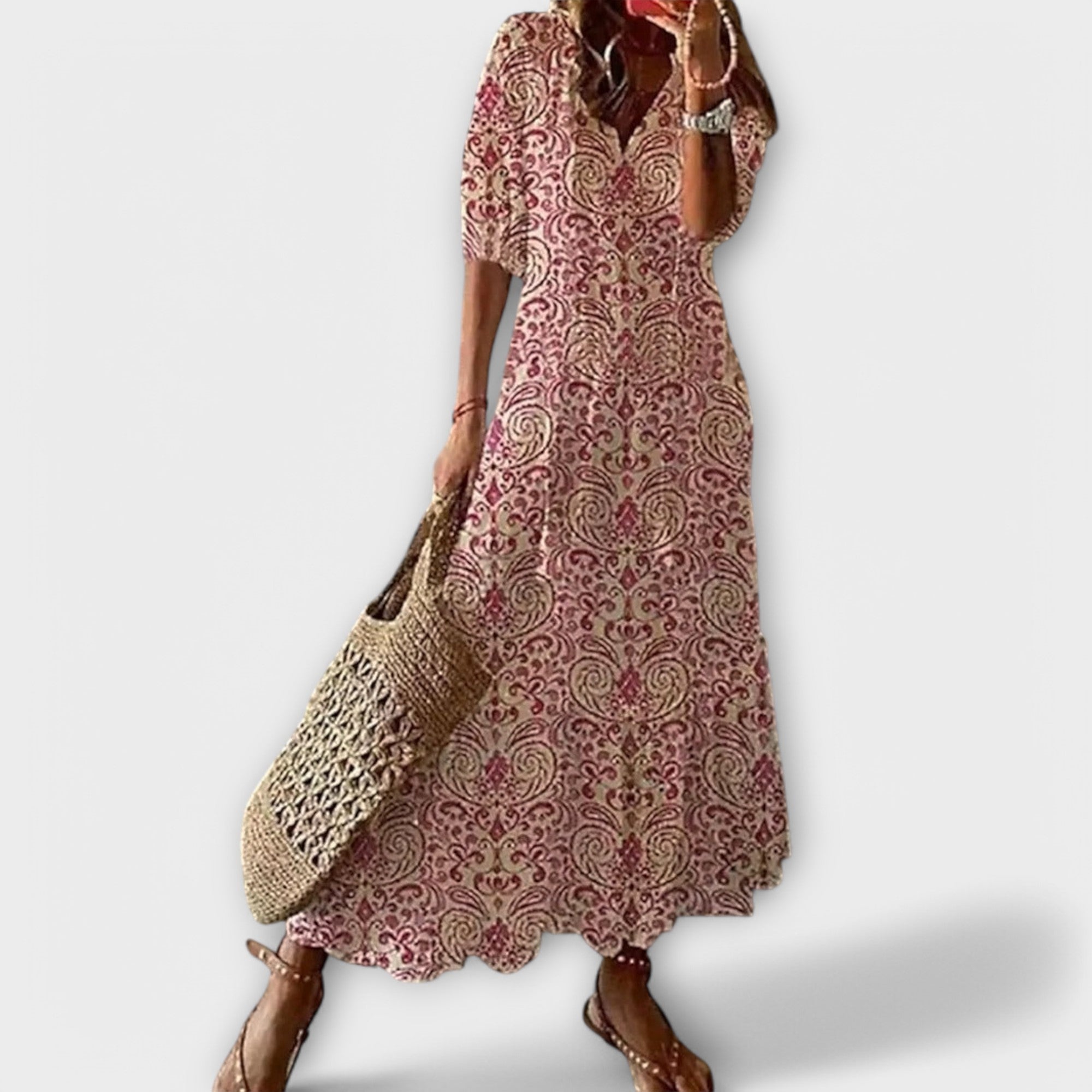 Boho Print Short Sleeve Flowy Midi Dress