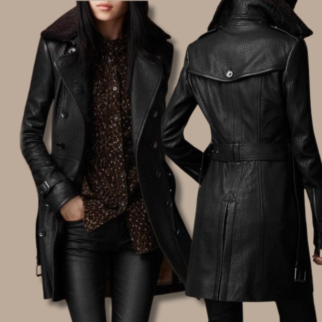 Tailored Double Breasted Leather Style Coat for Chic Elegance