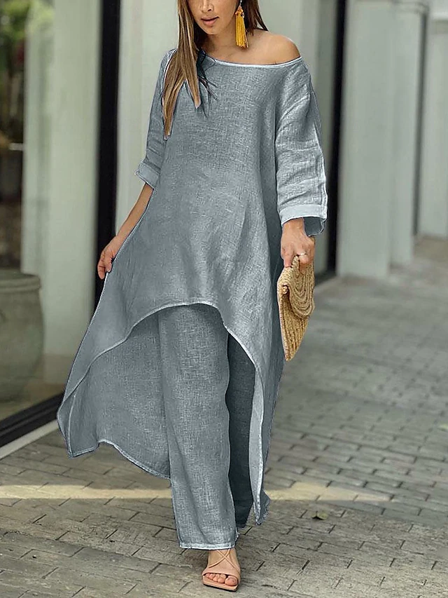 Elegant Asymmetrical Two-Piece Tunic and Wide-Leg Pants Set