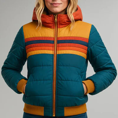Colorblock Retro Stripe Hooded Puffer Jacket