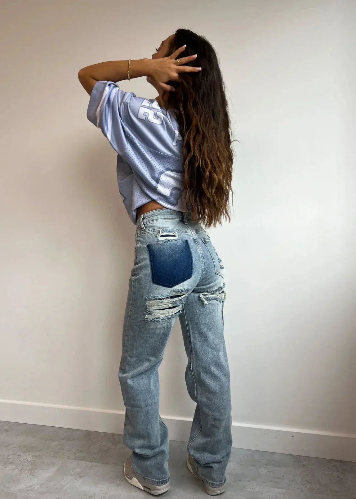 High Waisted Patchwork Distressed Wide Leg Jeans