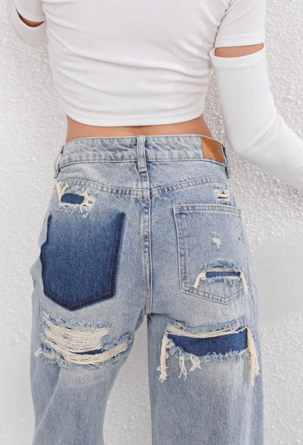 High Waisted Patchwork Distressed Wide Leg Jeans
