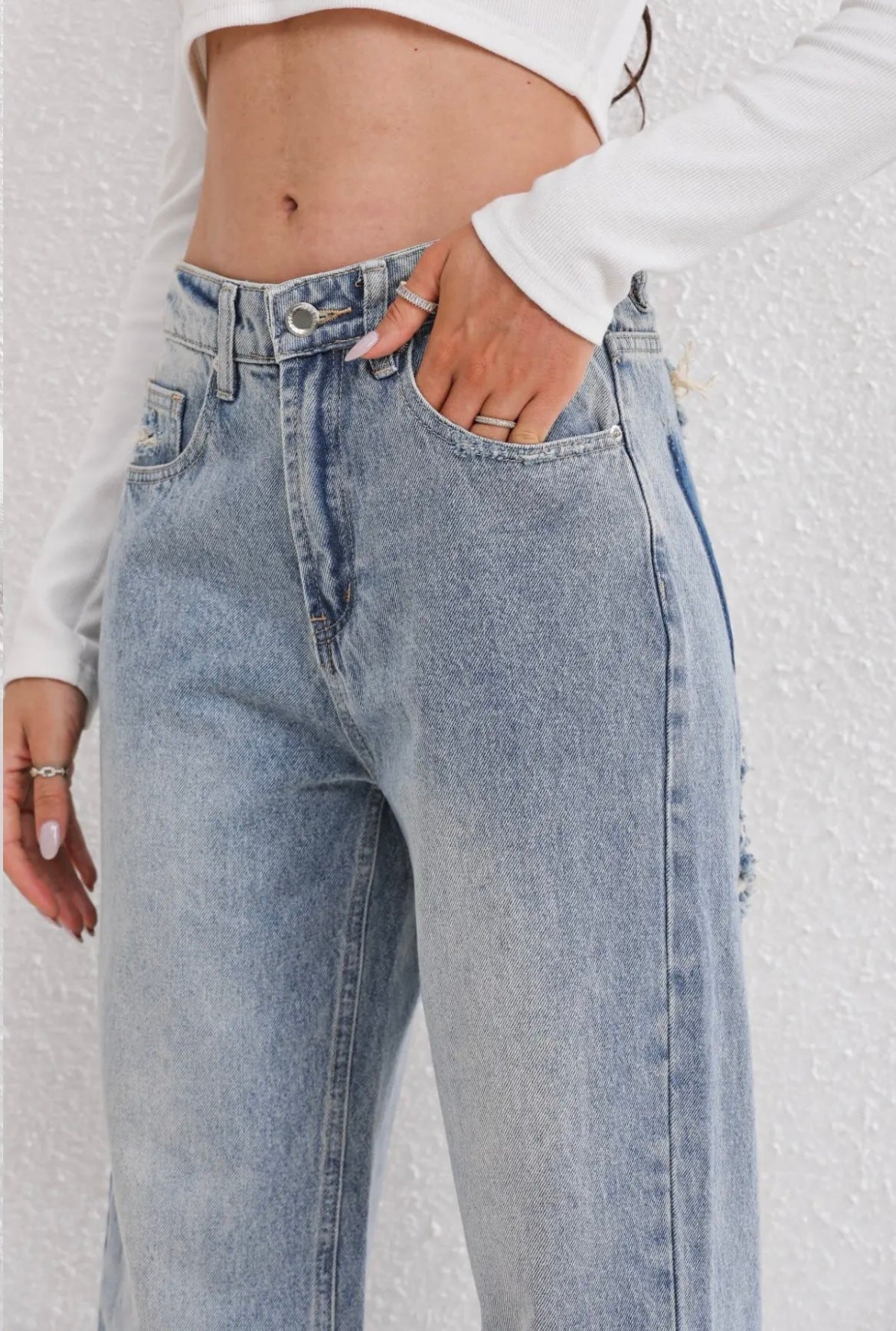 High Waisted Patchwork Distressed Wide Leg Jeans