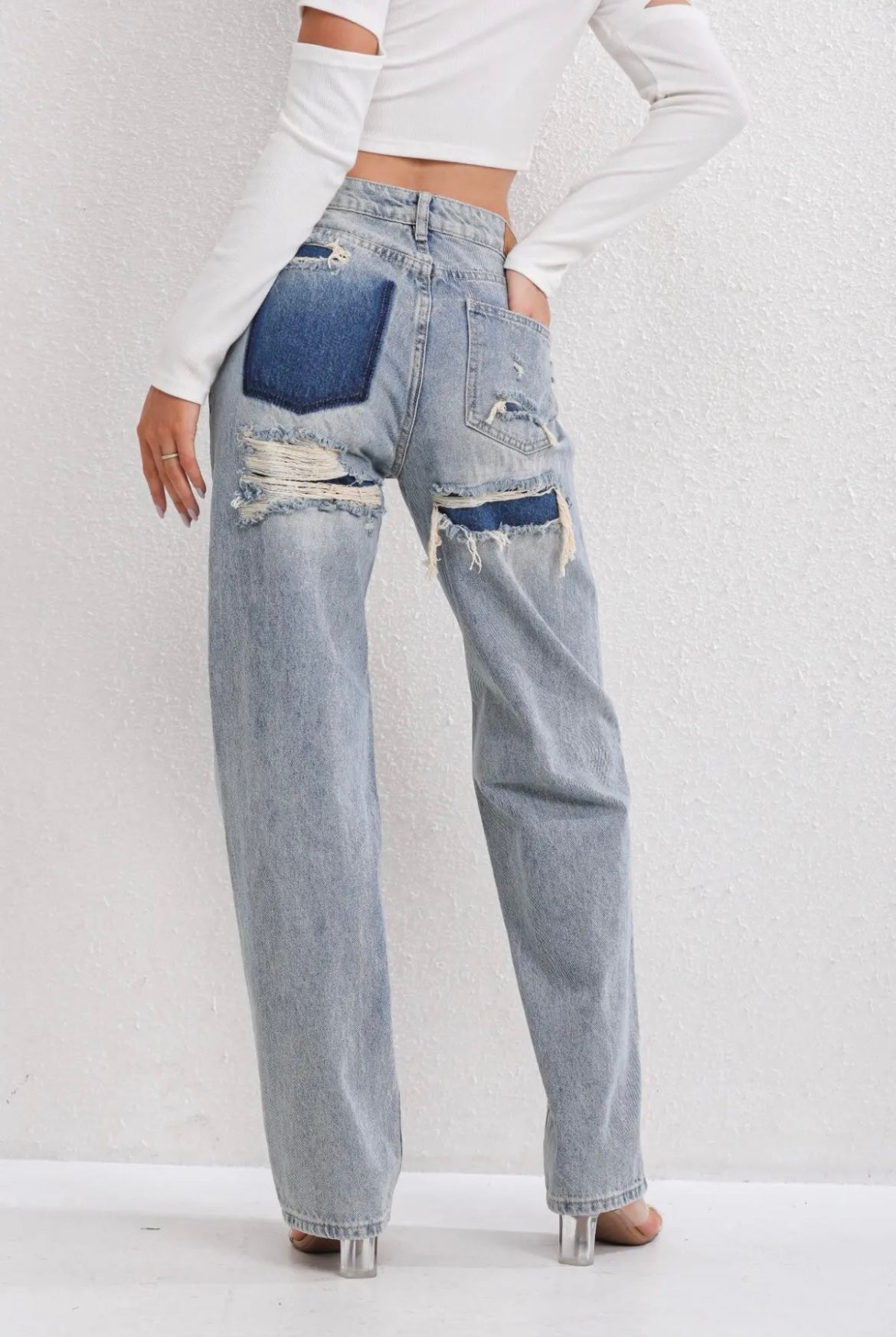 High Waisted Patchwork Distressed Wide Leg Jeans