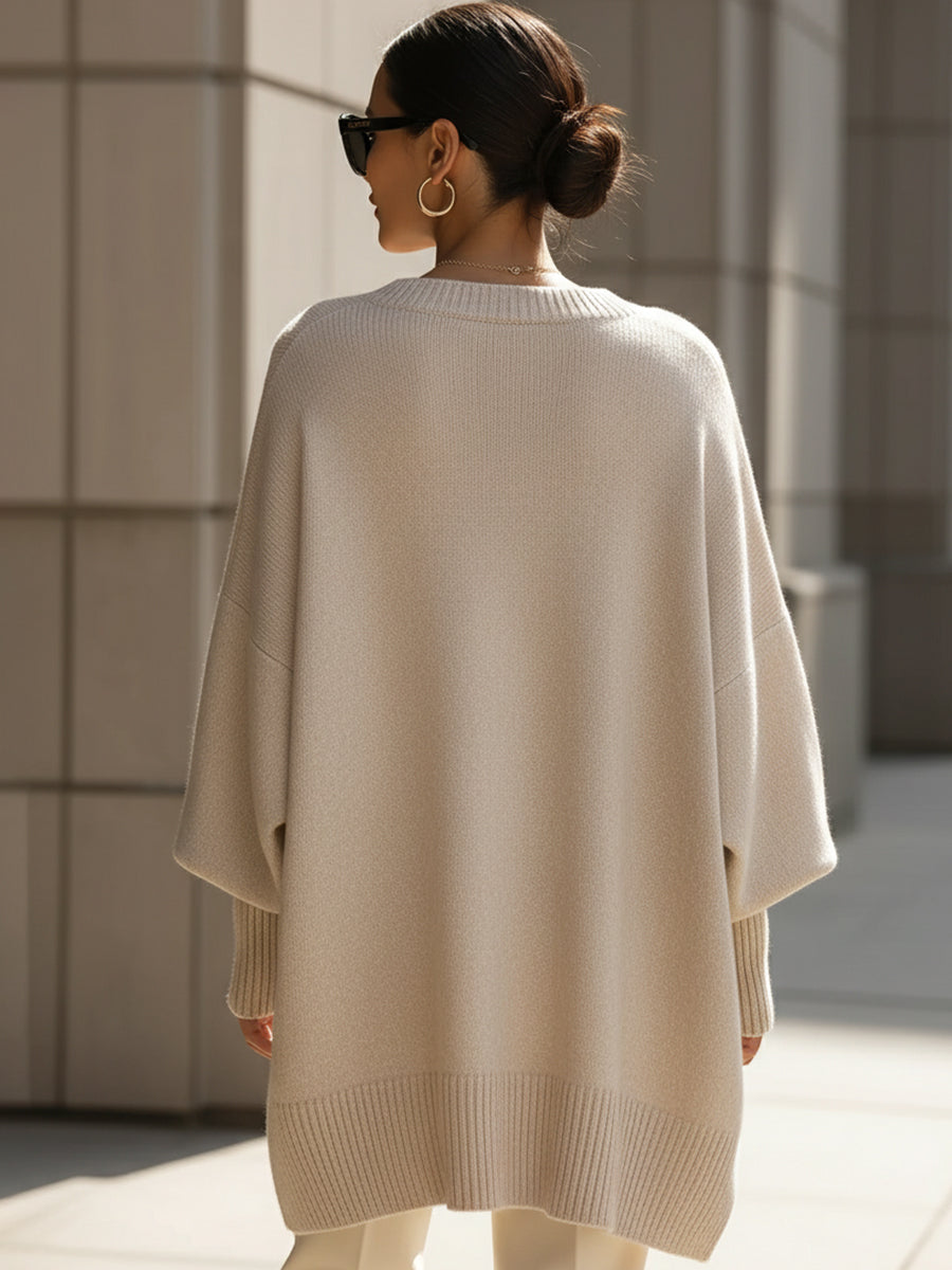 Relaxed Knit Poncho Sweater with Ribbed Cuffs