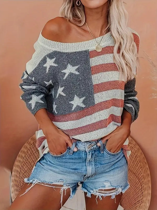 Off-Shoulder American Flag Knit Sweater for Casual Style