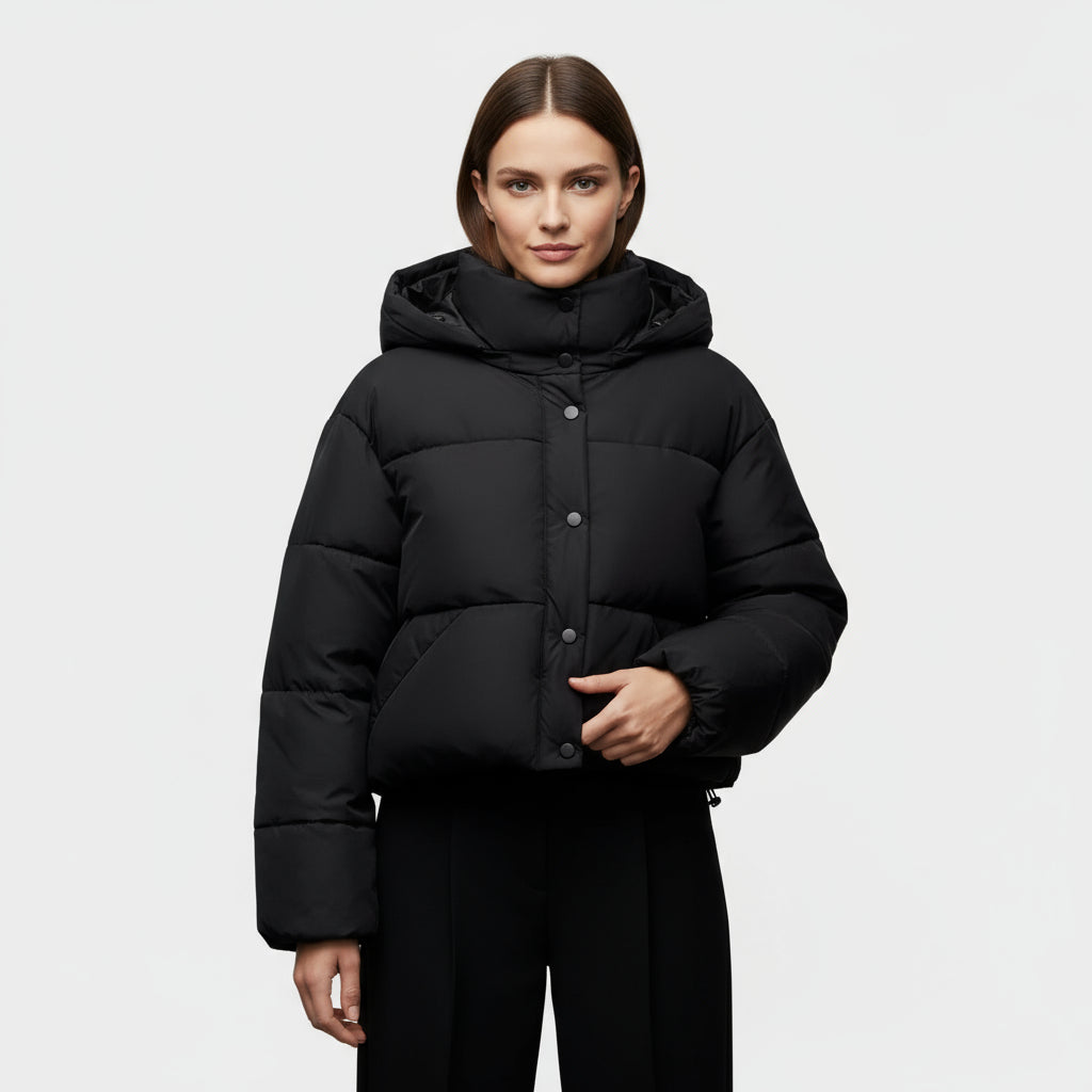 Women’s Cropped Hooded Puffer Jacket with Adjustable Hem