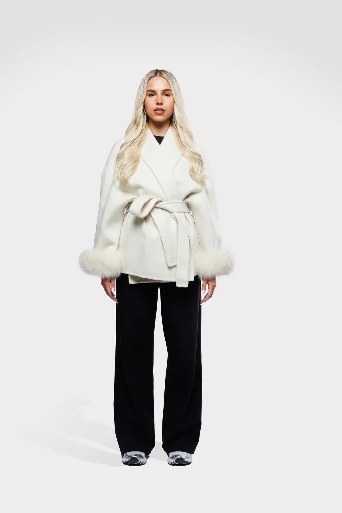 Faux Fur Cuff Belted Wool-Blend Winter Coat