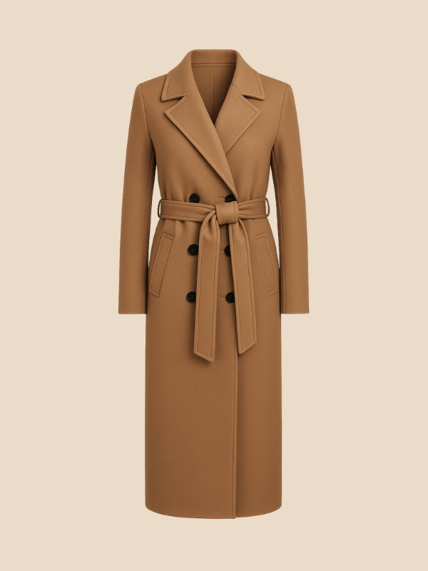 Women’s Long Belted Double-Breasted Wool Trench Coat