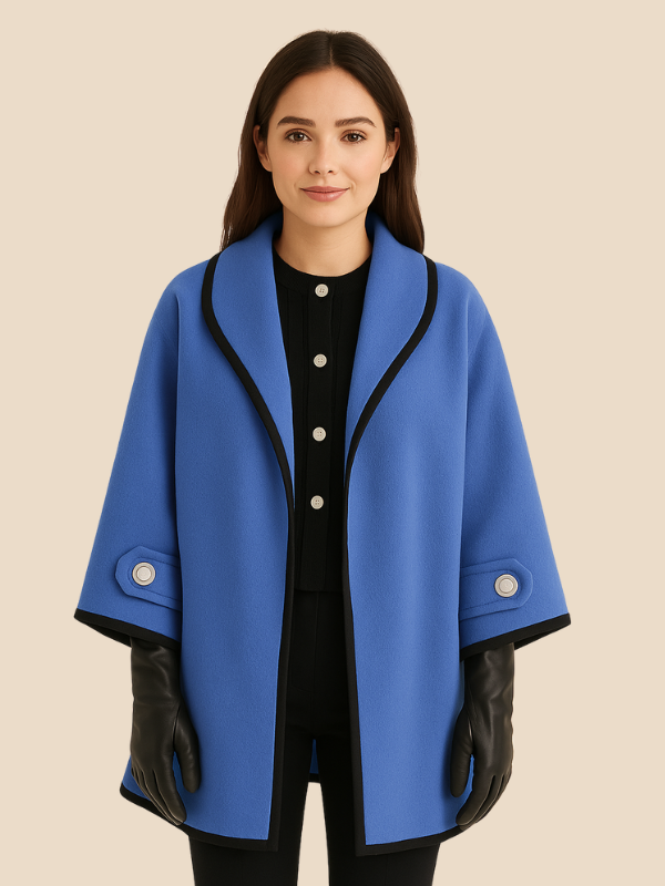 Hooded Wool Blend Cape Coat with Button Detail
