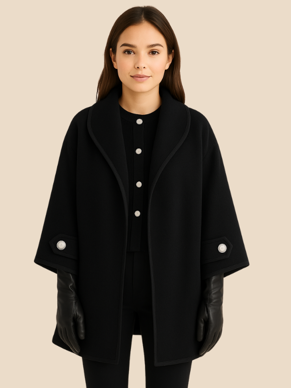 Hooded Wool Blend Cape Coat with Button Detail