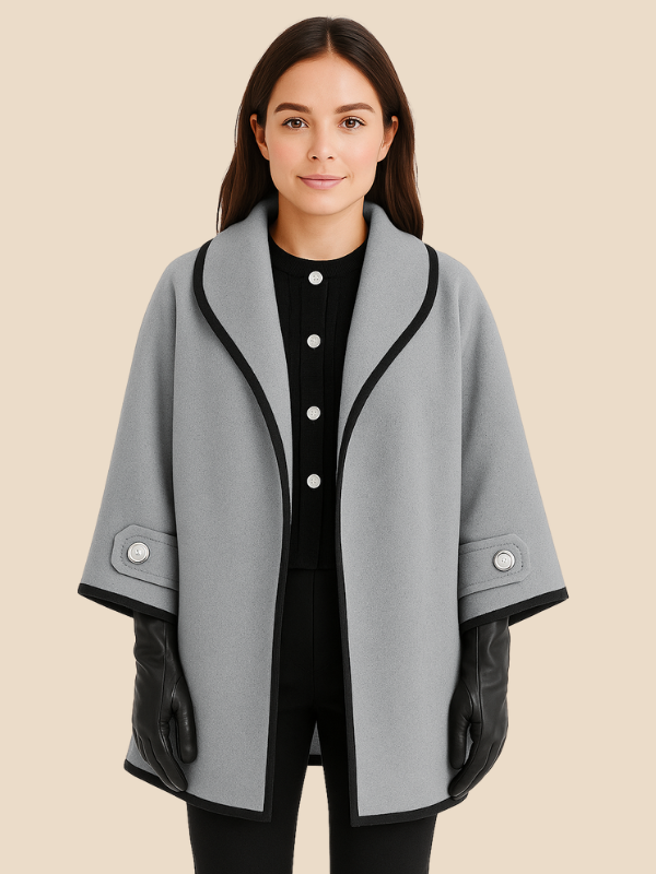 Hooded Wool Blend Cape Coat with Button Detail