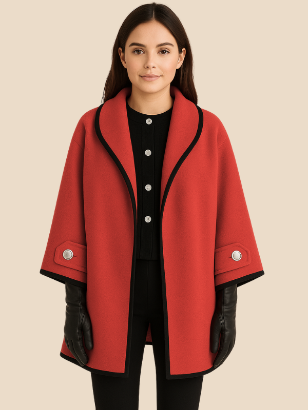 Hooded Wool Blend Cape Coat with Button Detail