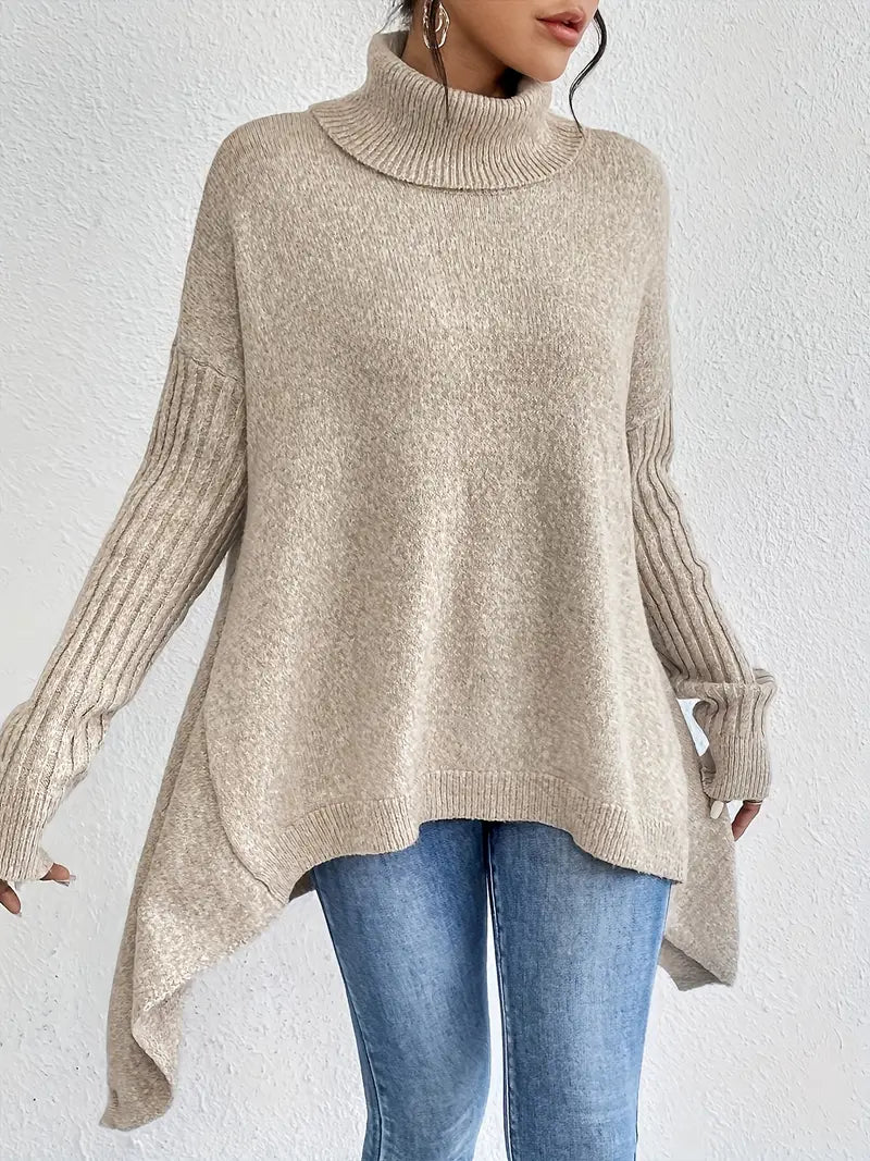 Relaxed Turtleneck Knit Sweater with Side Slit Detail