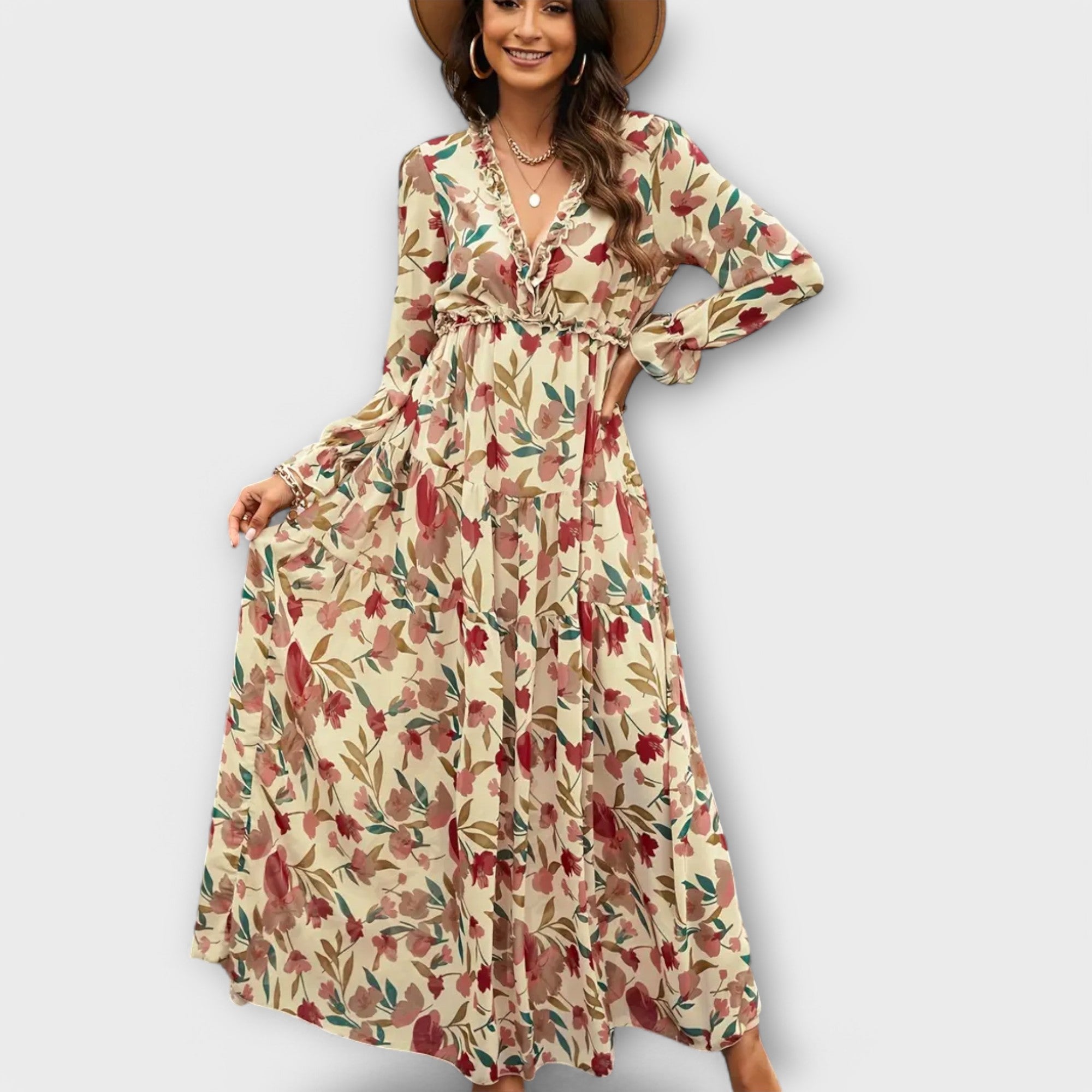 Long Sleeve Floral Maxi Dress with Flowy Boho Silhouette