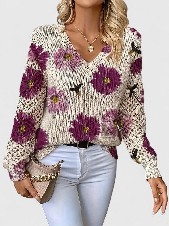 Floral Crochet Knit V Neck Sweater for Effortless Style