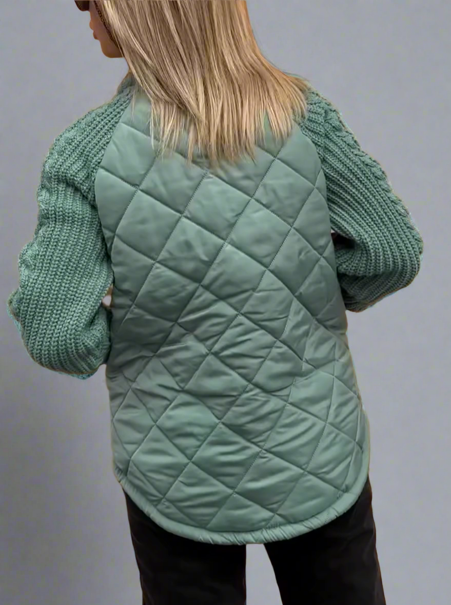 Women’s Quilted Knit-Sleeve Zip Jacket – Cozy Lightweight Casual Coat