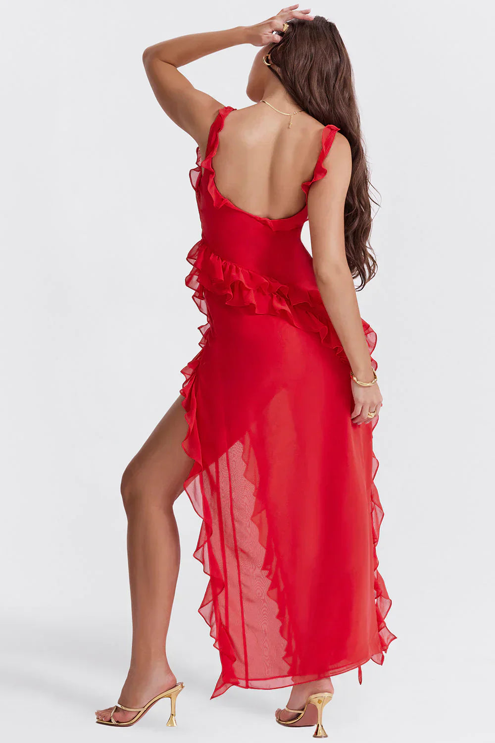 One-Shoulder Ruffled Maxi Dress with High Slit