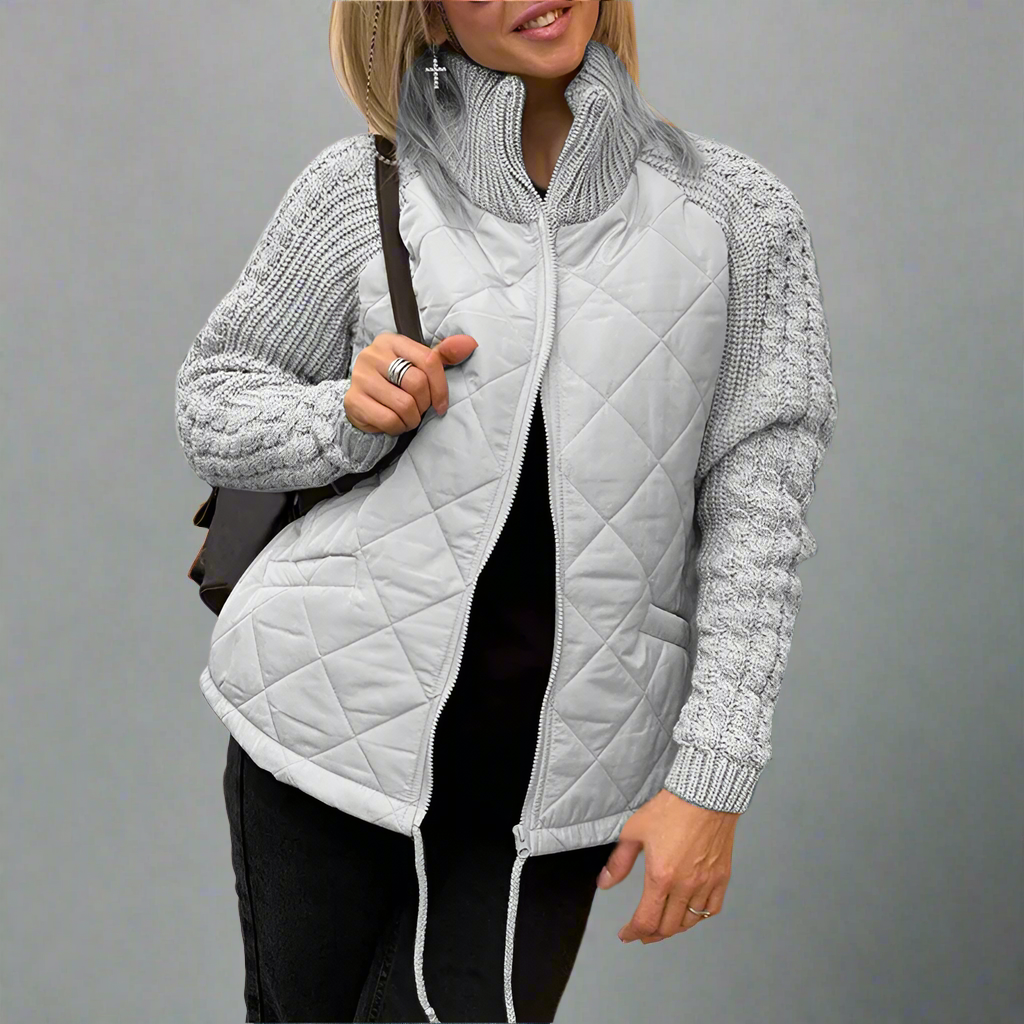 Women’s Quilted Knit-Sleeve Zip Jacket – Cozy Lightweight Casual Coat