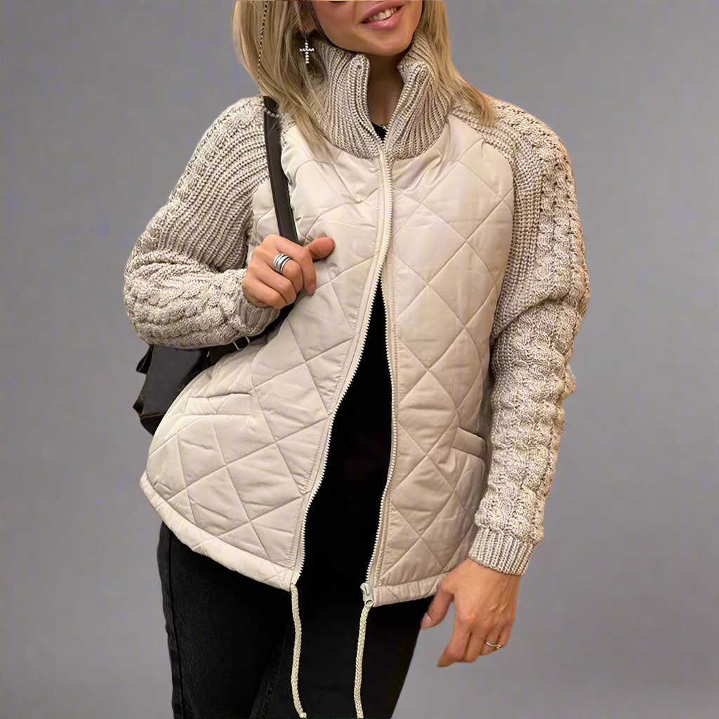 Women’s Quilted Knit-Sleeve Zip Jacket – Cozy Lightweight Casual Coat