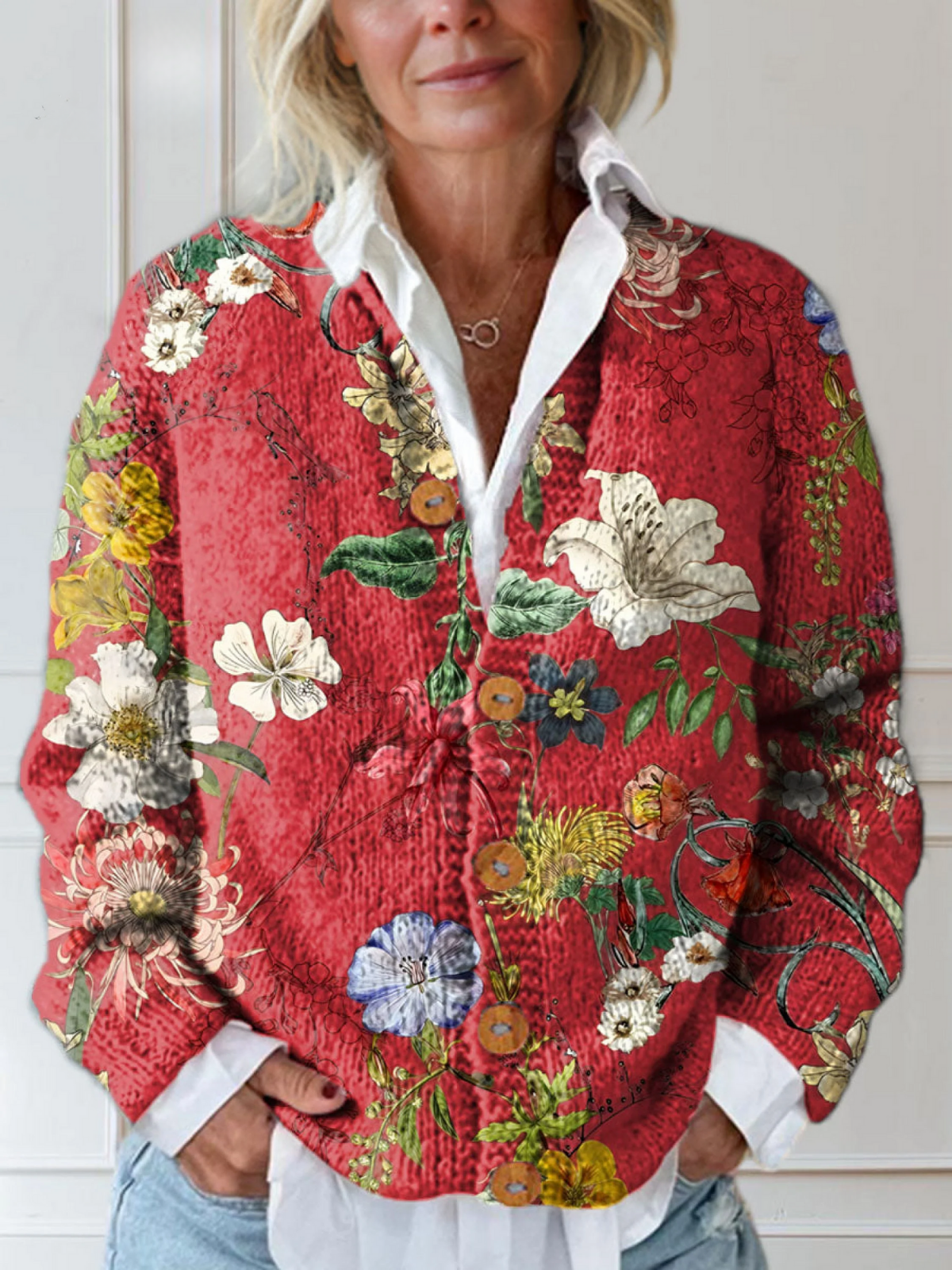 Vintage Floral Button Front Knit Cardigan