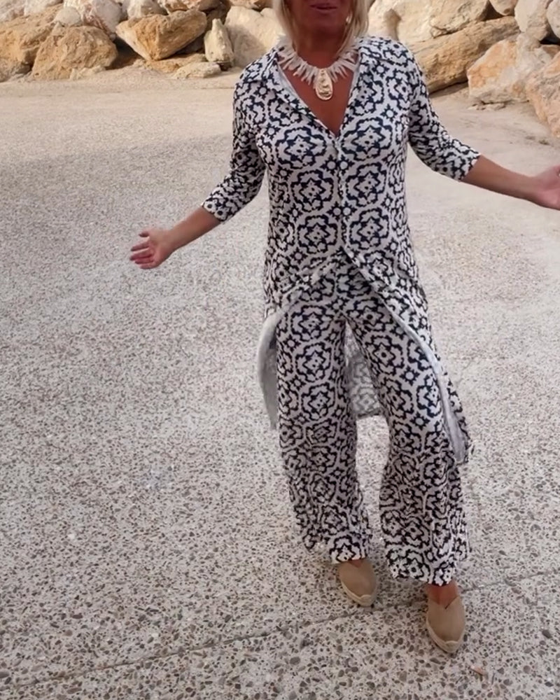 Printed Two-Piece Long Tunic Top and Wide-Leg Pants Set