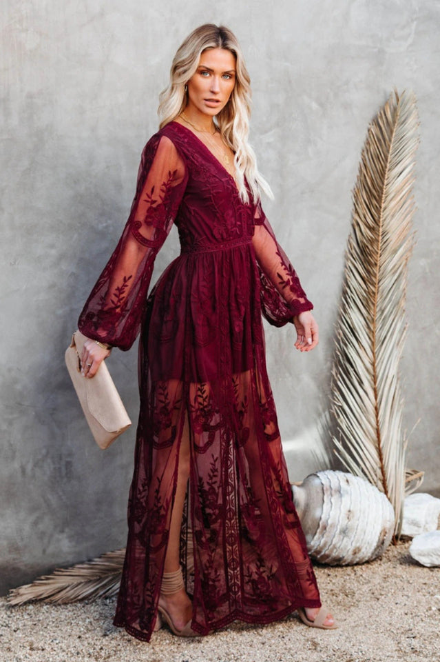 Boho Lace Maxi Dress with Deep V Neck and Flowy Long Sleeves