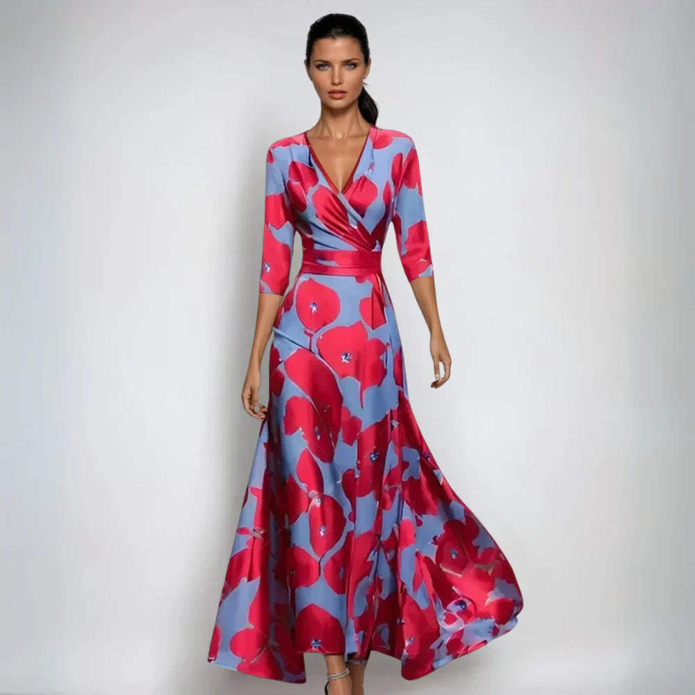 Elegant Printed Wrap Maxi Dress with Flowy A-Line Skirt