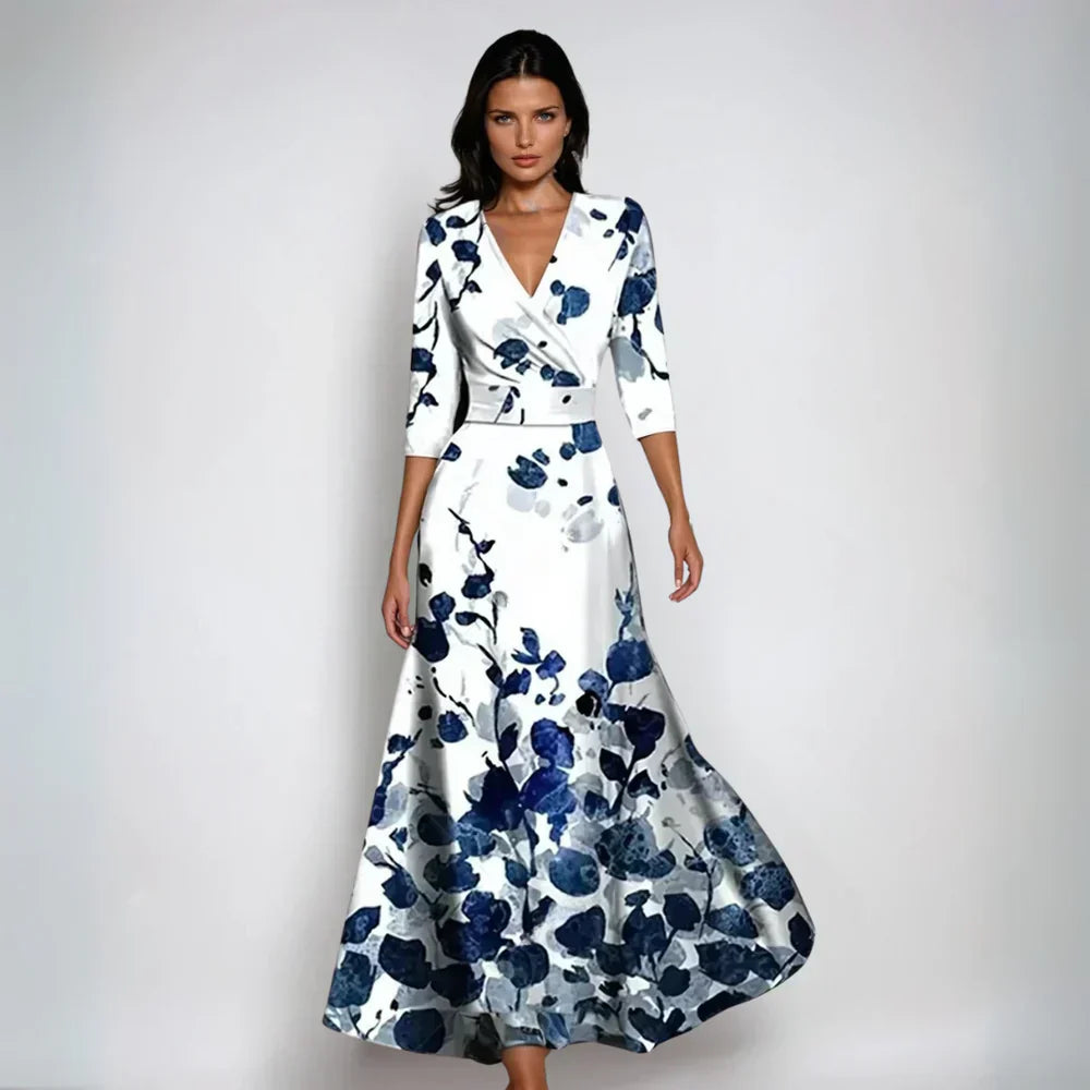 Elegant Printed Wrap Maxi Dress with Flowy A-Line Skirt