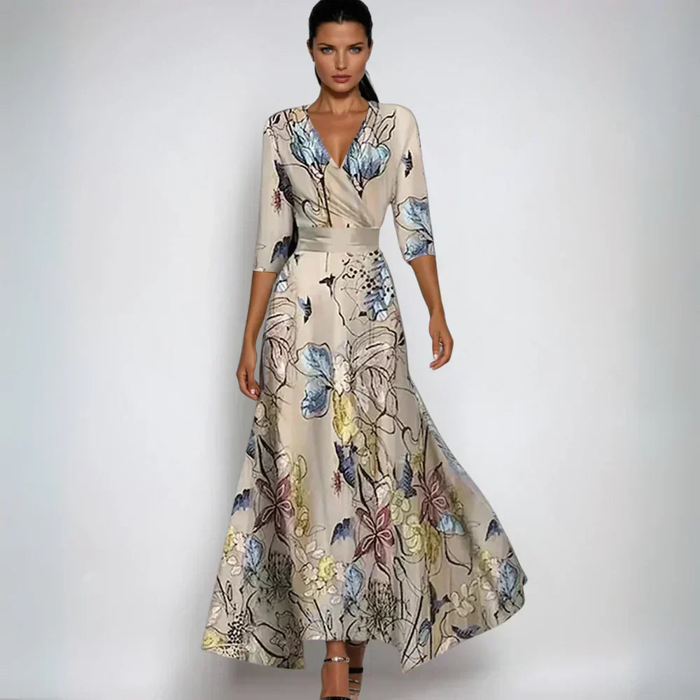 Elegant Printed Wrap Maxi Dress with Flowy A-Line Skirt