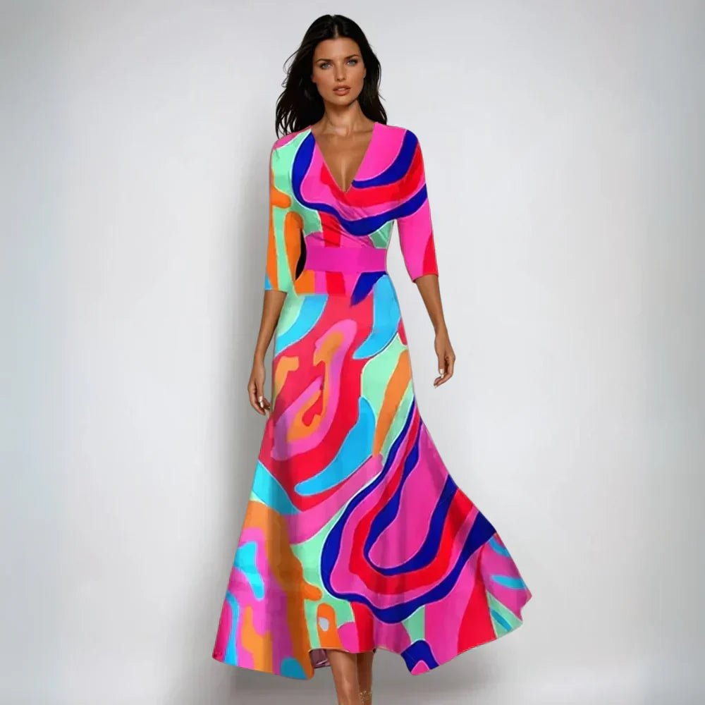 Elegant Printed V-Neck Maxi Dress with Flowy A-Line Silhouette
