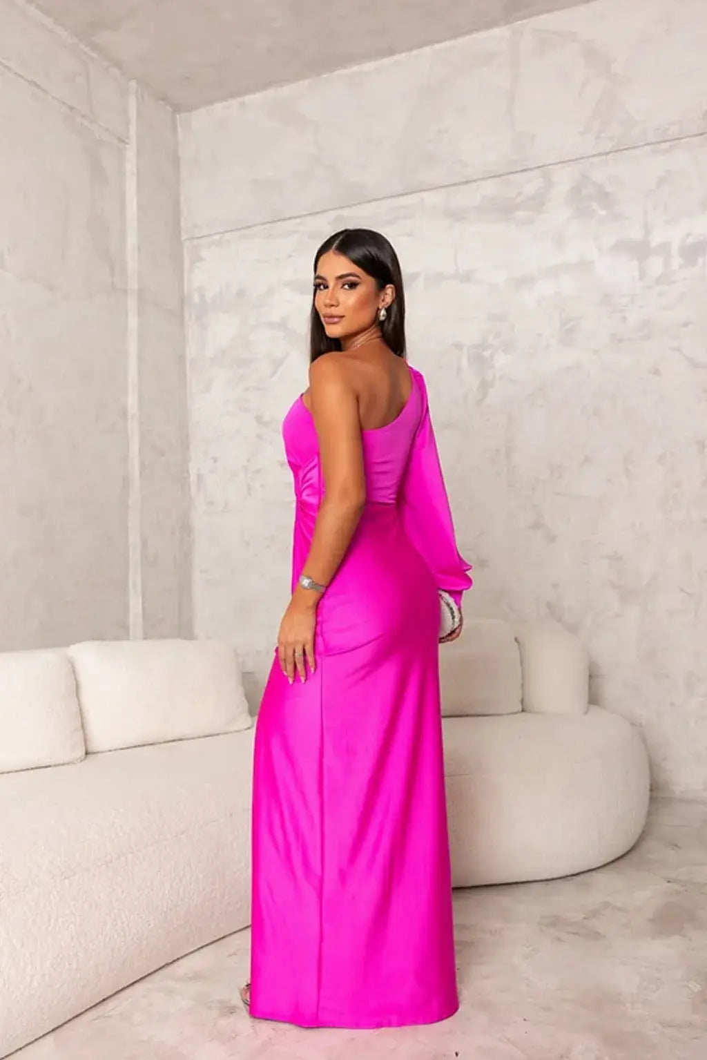 One Shoulder Satin Draped Maxi Evening Dress