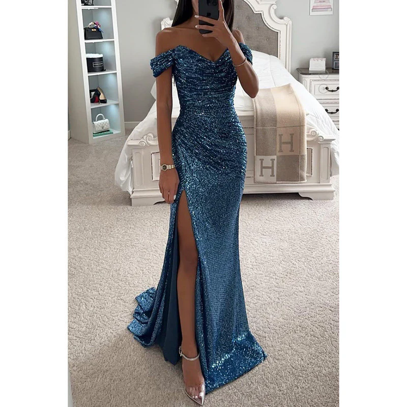 Off-Shoulder Sequin Maxi Gown with High Slit