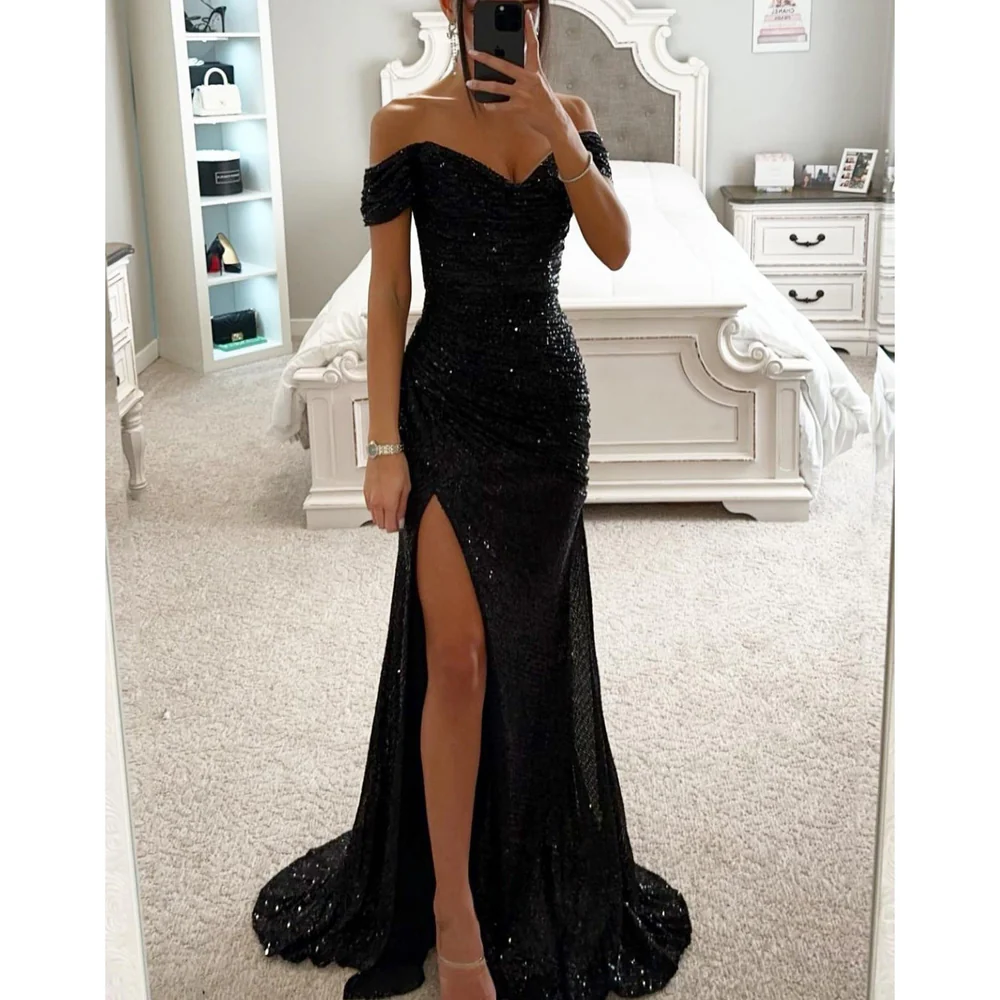 Off-Shoulder Sequin Maxi Gown with High Slit