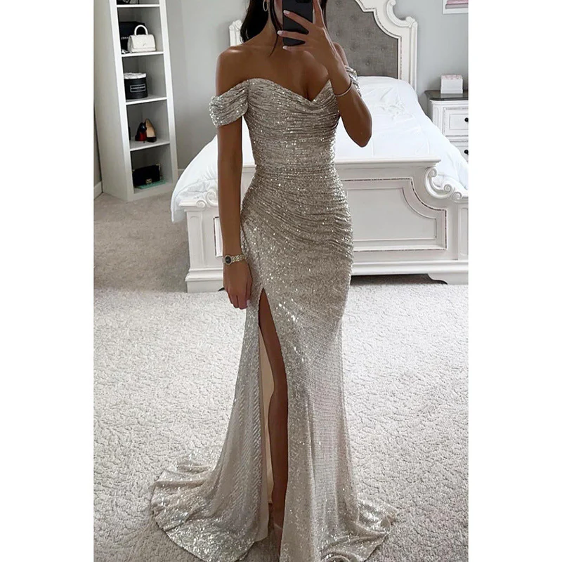 Off-Shoulder Sequin Maxi Gown with High Slit