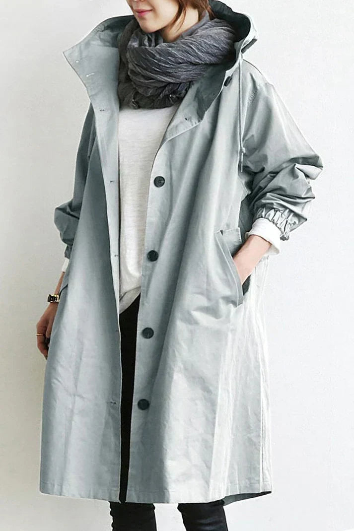 Women’s Long Hooded Button Coat – Lightweight Casual Oversized Jacket