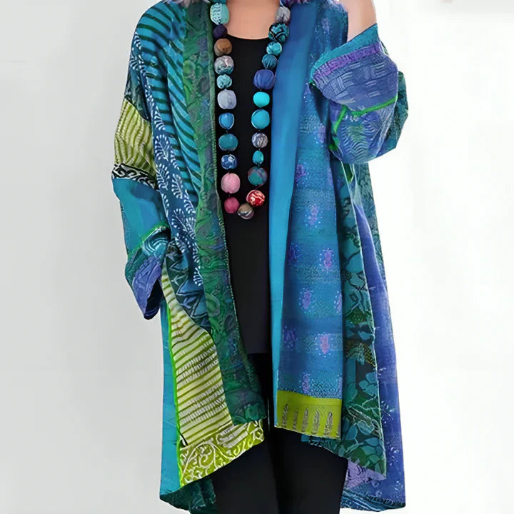 Artistic Patchwork Open-Front Kimono Cardigan in Teal & Green