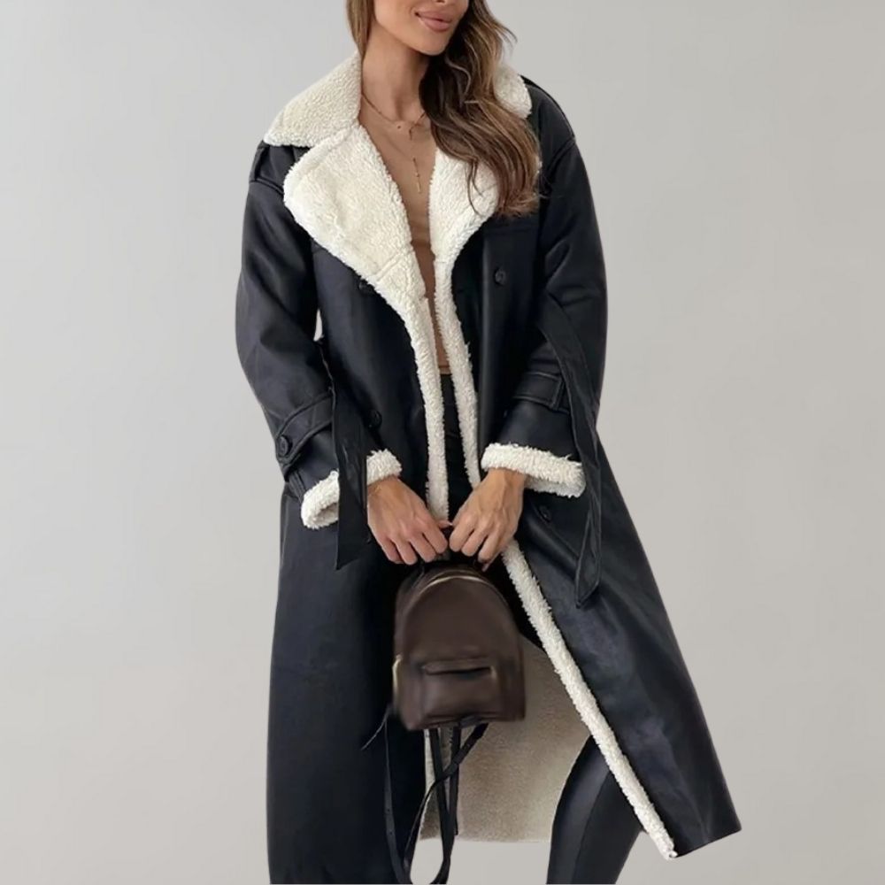 Long Faux Shearling Lined Leather Coat